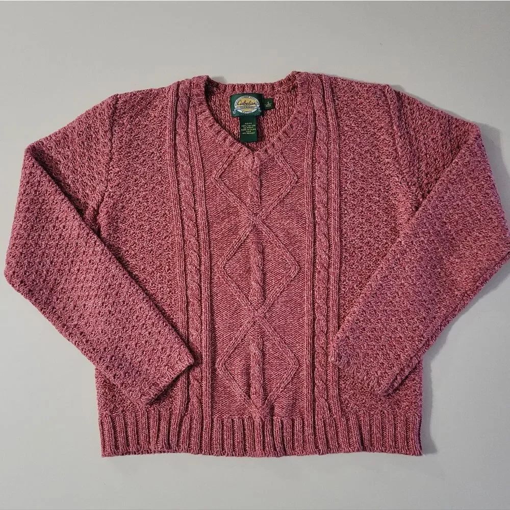 Cabela's Women's Red Marbled Cable-knit V-neck Pullover Long Sleeve Sweater